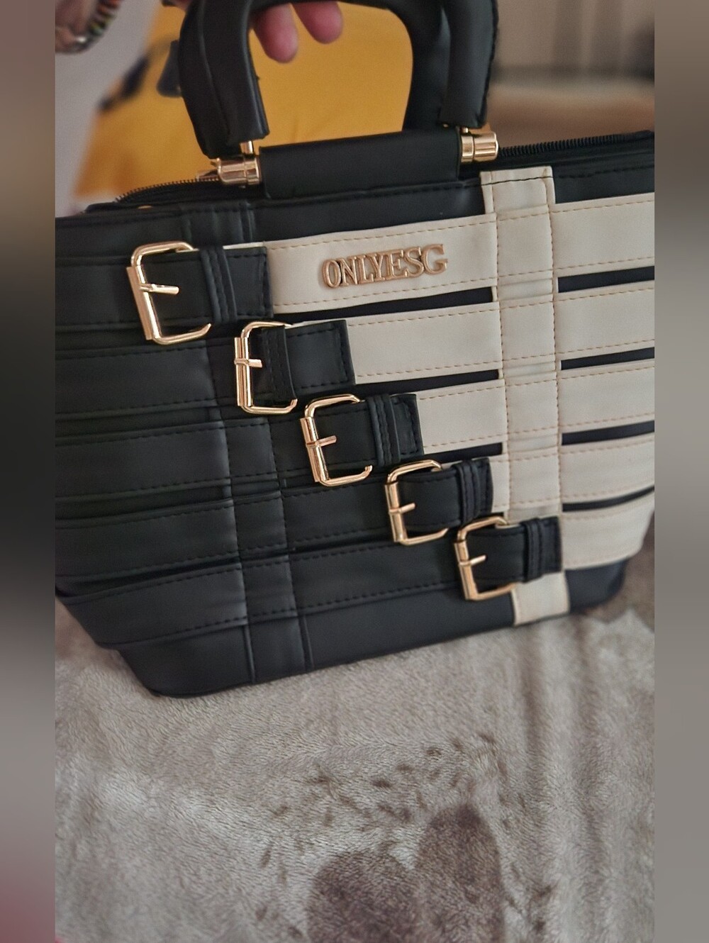 Women’s Black and White Buckle Detail Tote